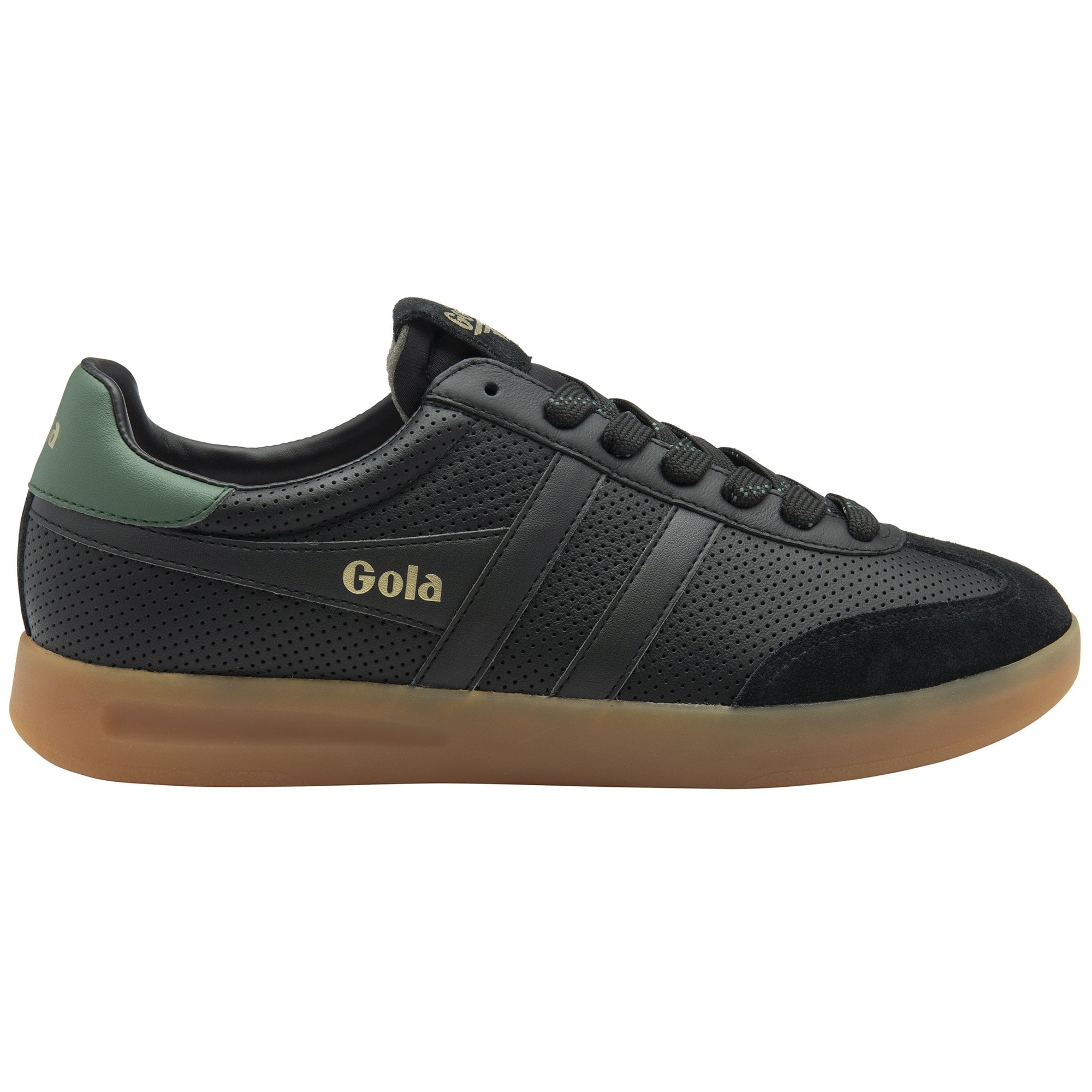 Gola Cyclone Leather '76 men's black and green leather lace-up trainers with gum rubber sole.