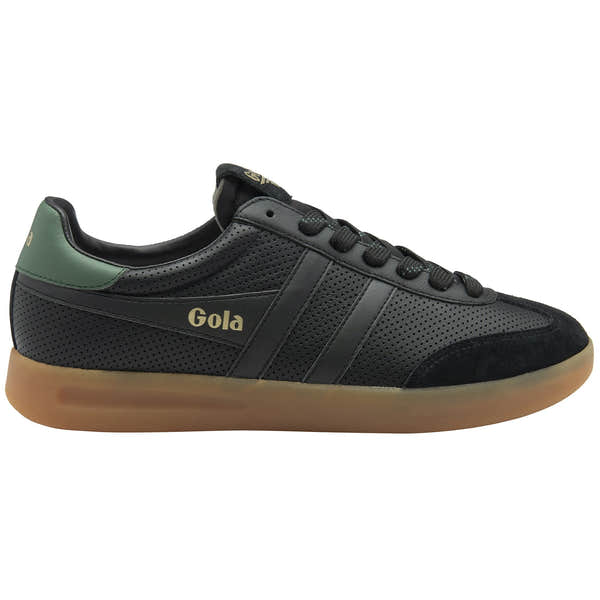 Gola Cyclone Leather '76 men's black and green leather lace-up trainers with gum rubber sole.