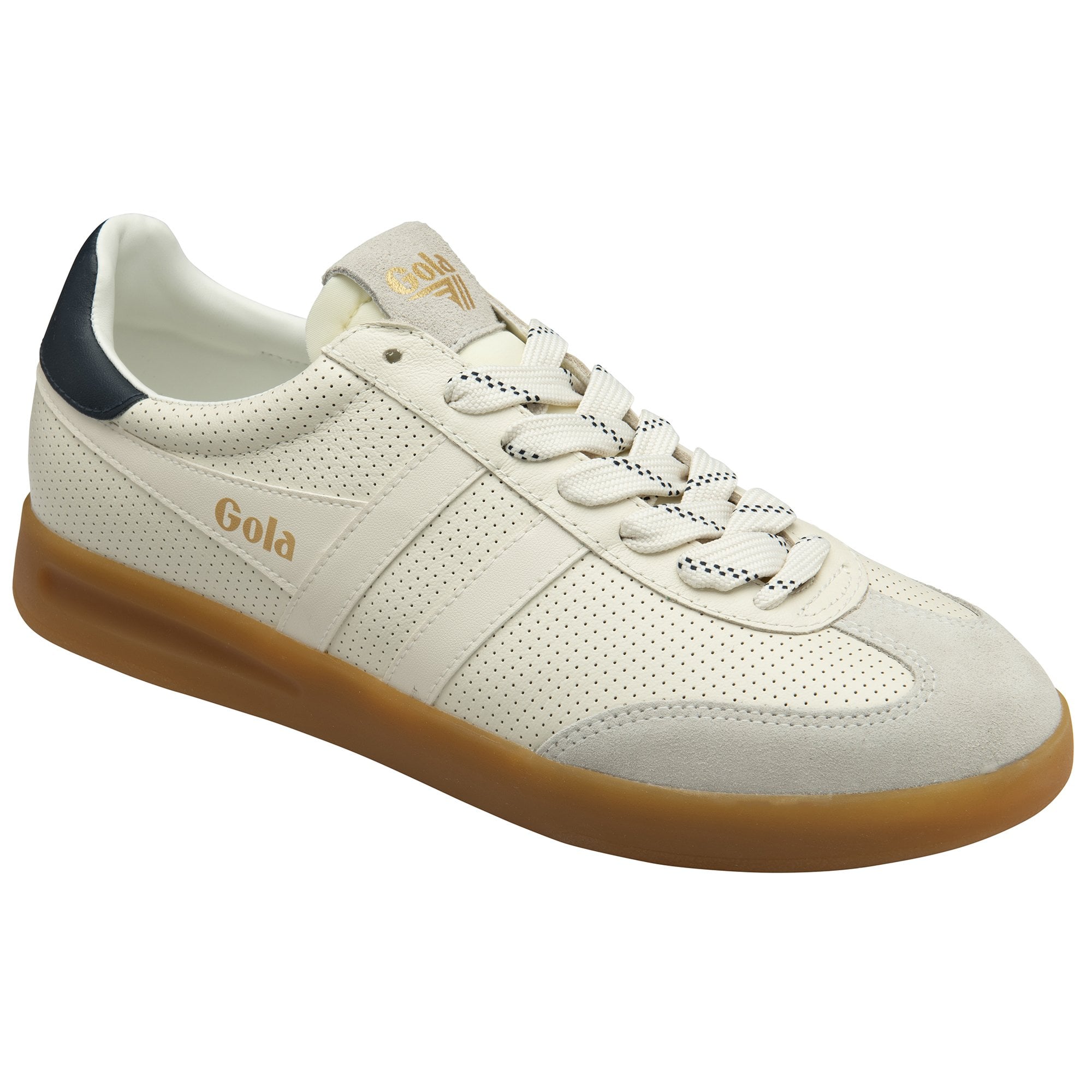 Gola Cyclone Leather '76 men's off-white, navy, and gum leather lace-up trainers with perforated design and gum sole.