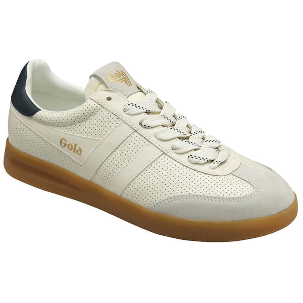 Gola Cyclone Leather '76 men's off-white, navy, and gum leather lace-up trainers with perforated design and gum sole.