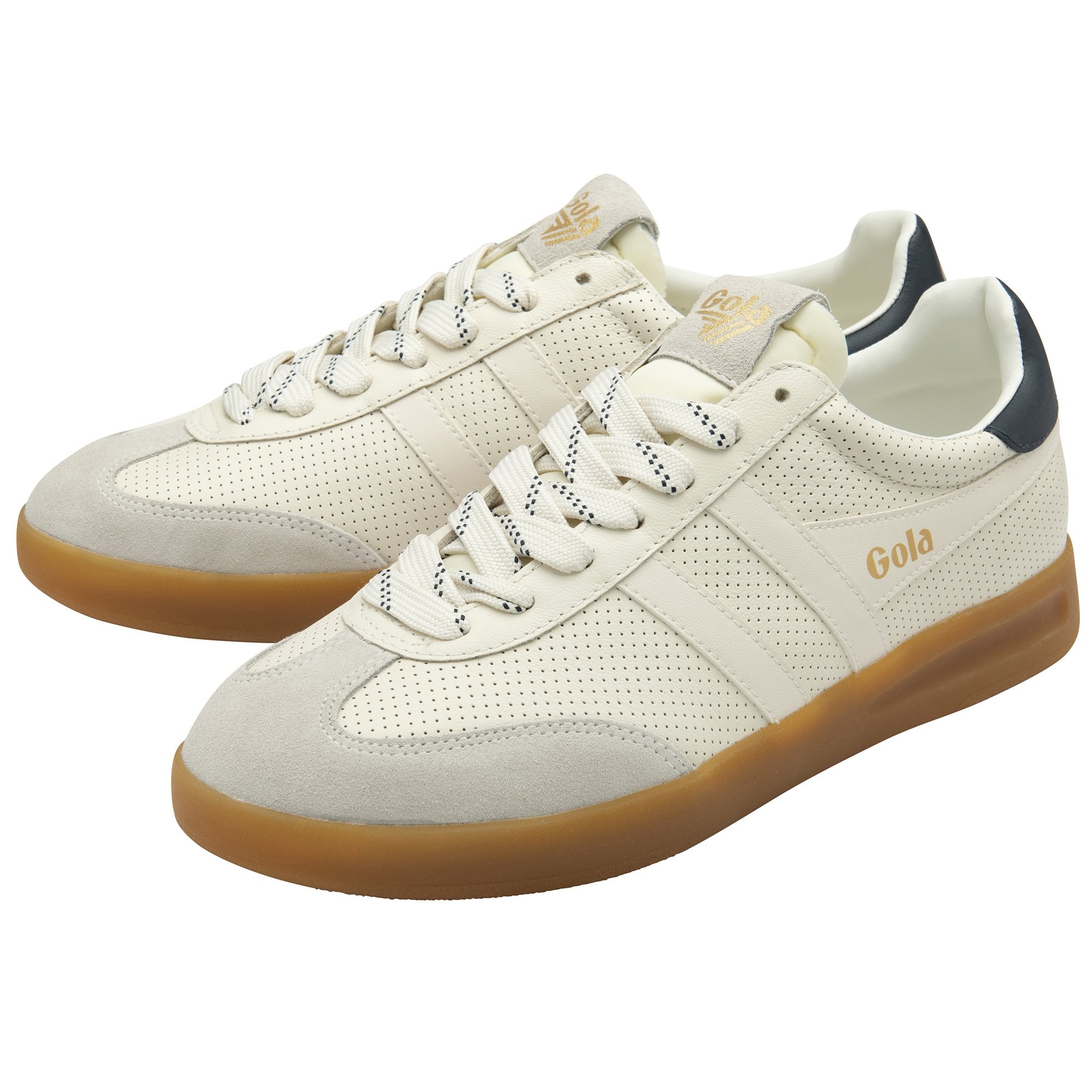 Gola Cyclone Leather '76 men's off-white, navy, and gum leather lace-up sneakers with perforated design and gum rubber sole.