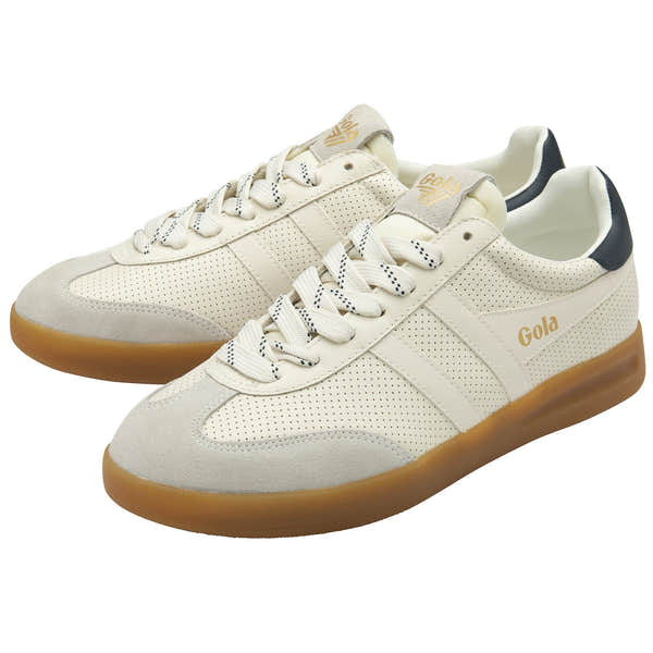 Gola Cyclone Leather '76 men's off-white, navy, and gum leather lace-up sneakers with perforated design and gum rubber sole.