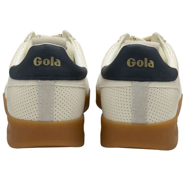 Gola Cyclone Leather '76 men's off-white, navy, and gum leather lace-up trainers with perforated upper and textured sole.