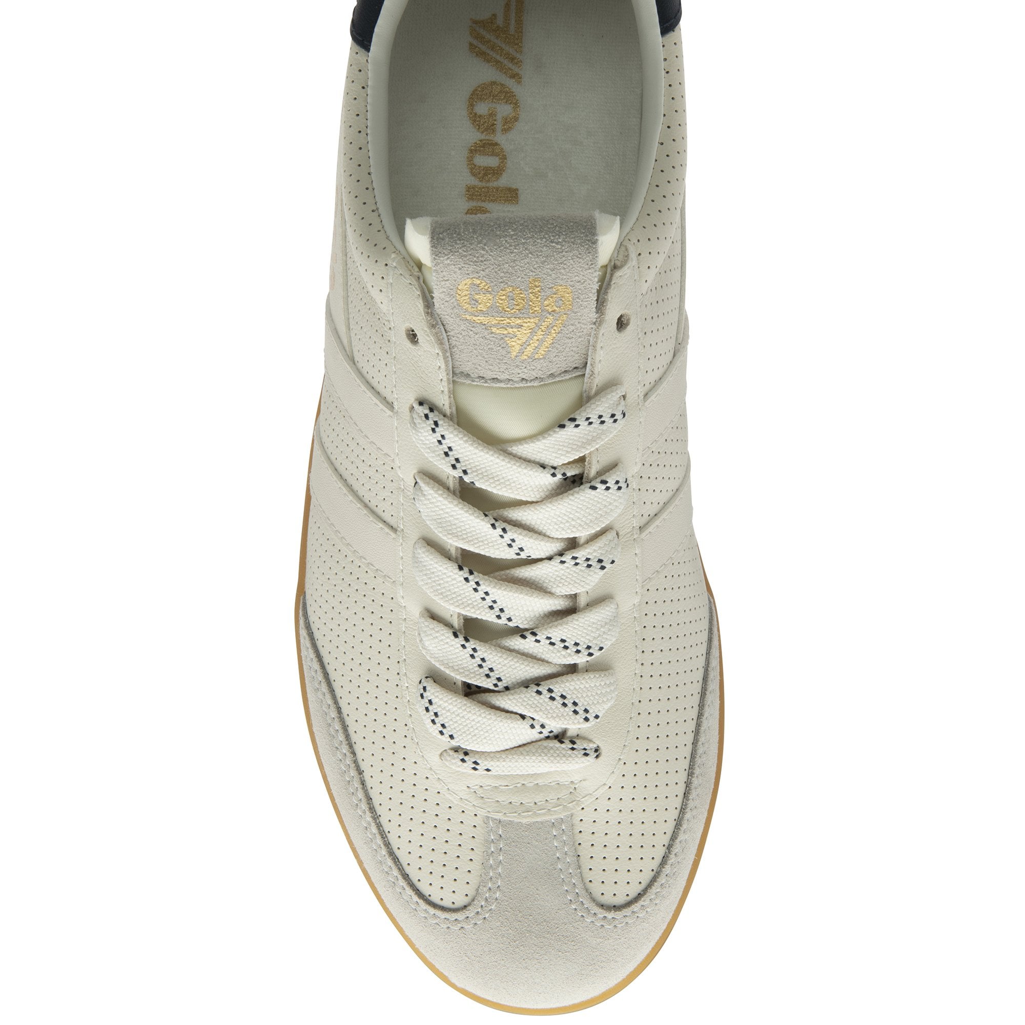 Gola Cyclone Leather 76 men's off-white, navy, and gum lace-up trainers with perforated leather upper and tonal laces.