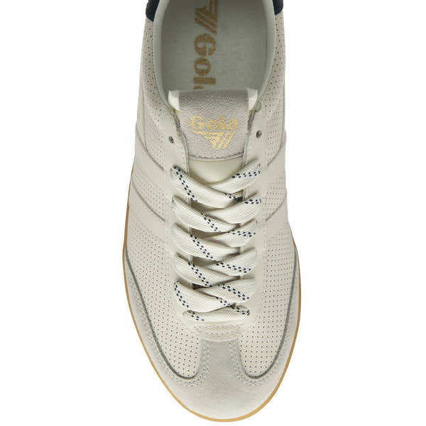 Gola Cyclone Leather 76 men's off-white, navy, and gum lace-up trainers with perforated leather upper and tonal laces.