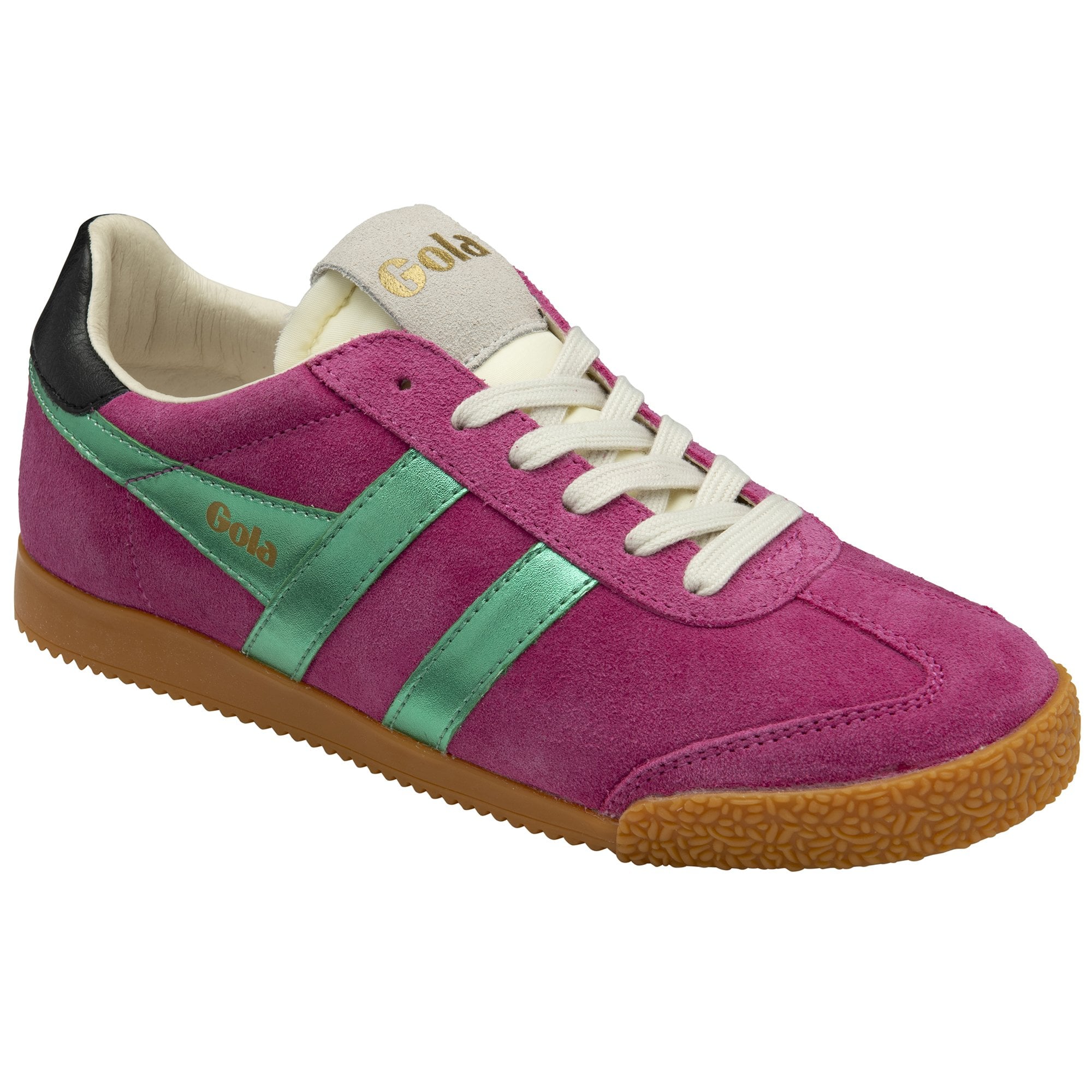 Gola Elan Glitz women's suede lace-up trainers in fuchsia, emerald, and black with gum sole detail.