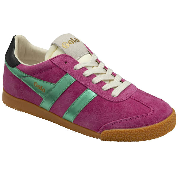 Gola Elan Glitz women's suede lace-up trainers in fuchsia, emerald, and black with gum sole detail.
