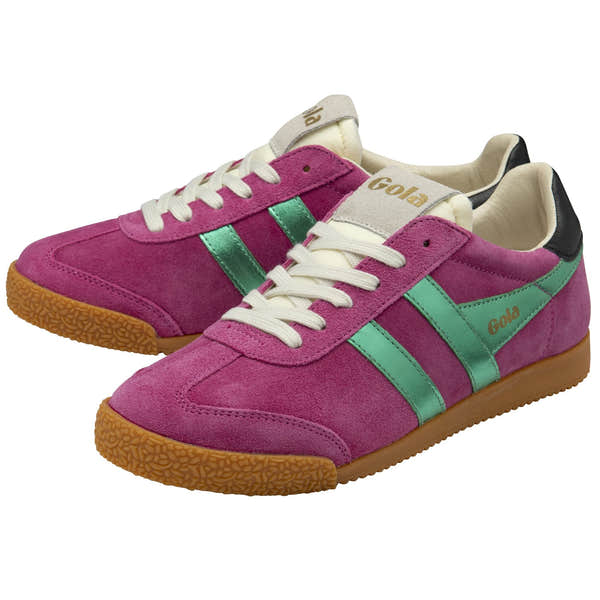 Pink suede sneakers with green accents, black heel detail, and gum sole, featuring lace-up closure for women.