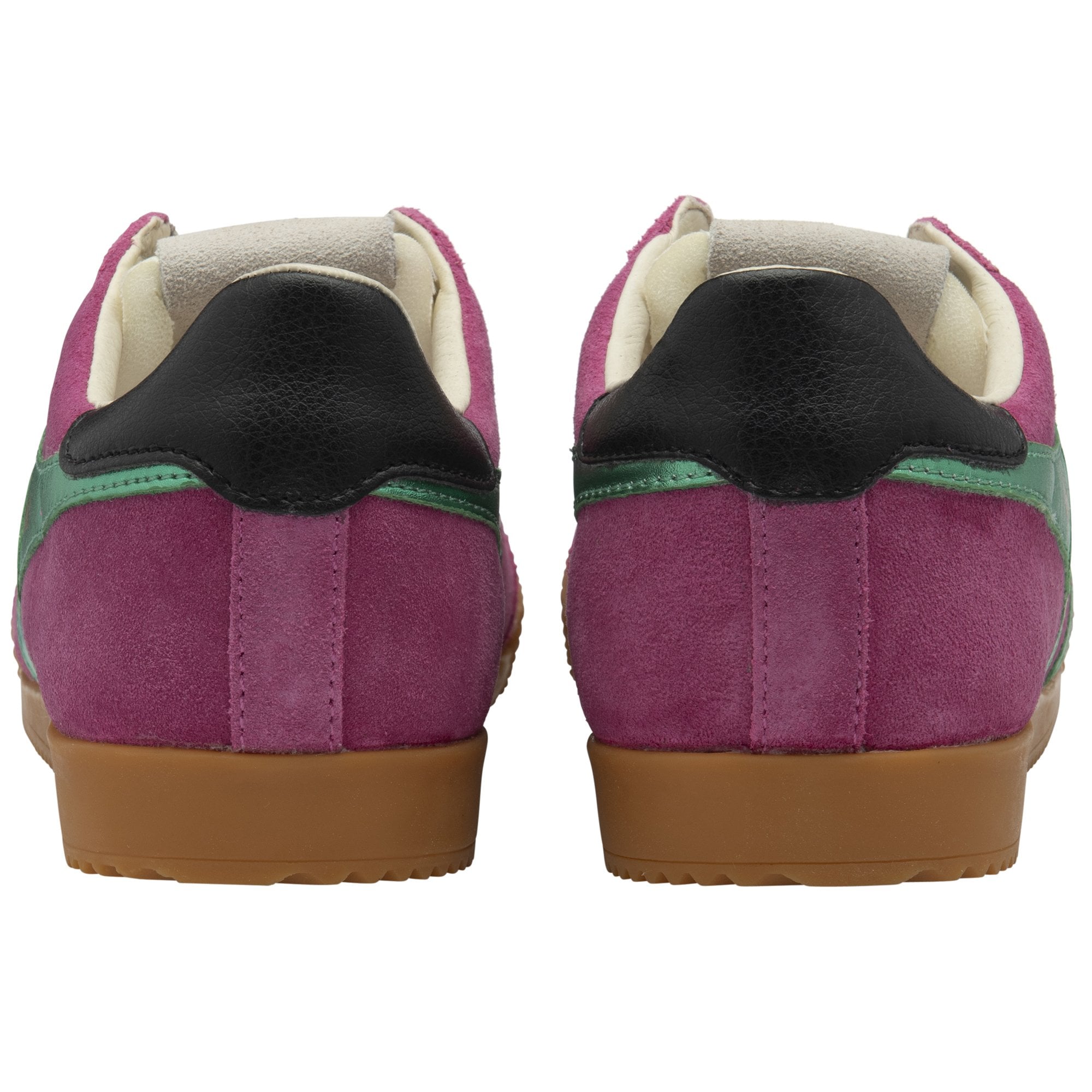 Gola Elan Glitz Ladies Trainers in fuchsia, emerald, and black suede with lace-up design and rubber sole.