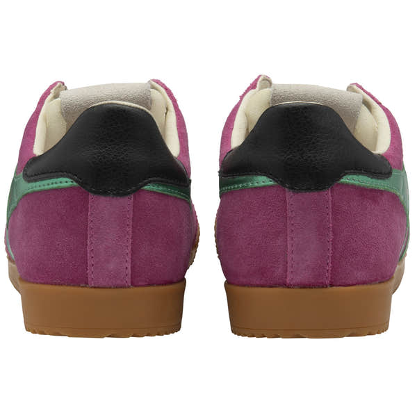 Gola Elan Glitz Ladies Trainers in fuchsia, emerald, and black suede with lace-up design and rubber sole.