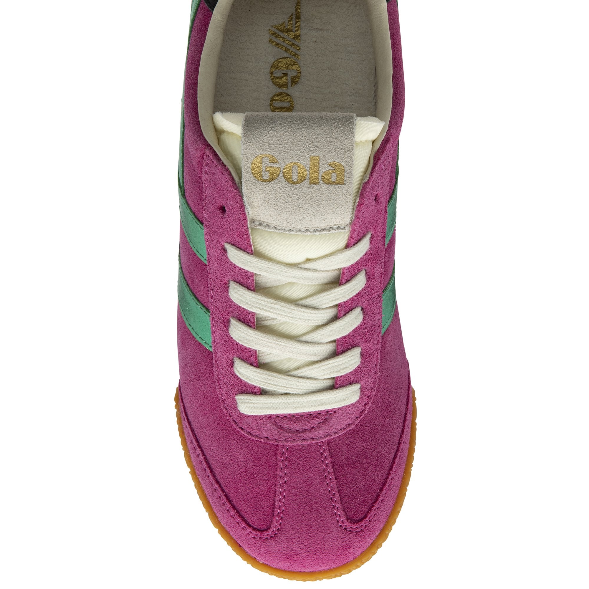 Gola Elan Glitz women's trainers in fuchsia, emerald, and black suede with lace-up design and gum sole.