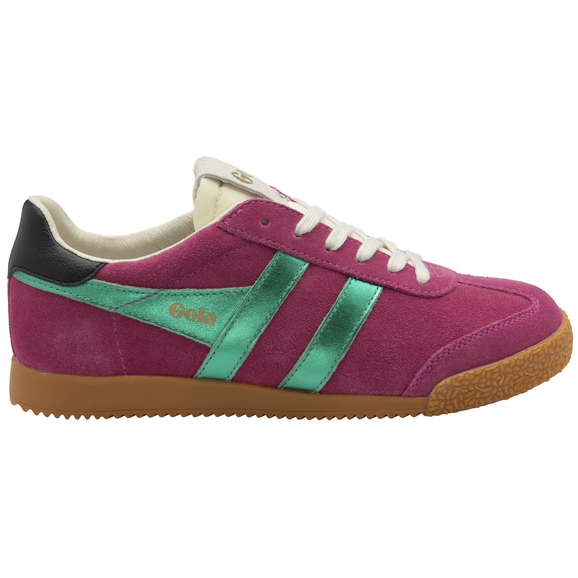 Gola Elan Glitz women's sneakers in fuchsia, emerald, and black suede with lace-up closure and rubber sole.