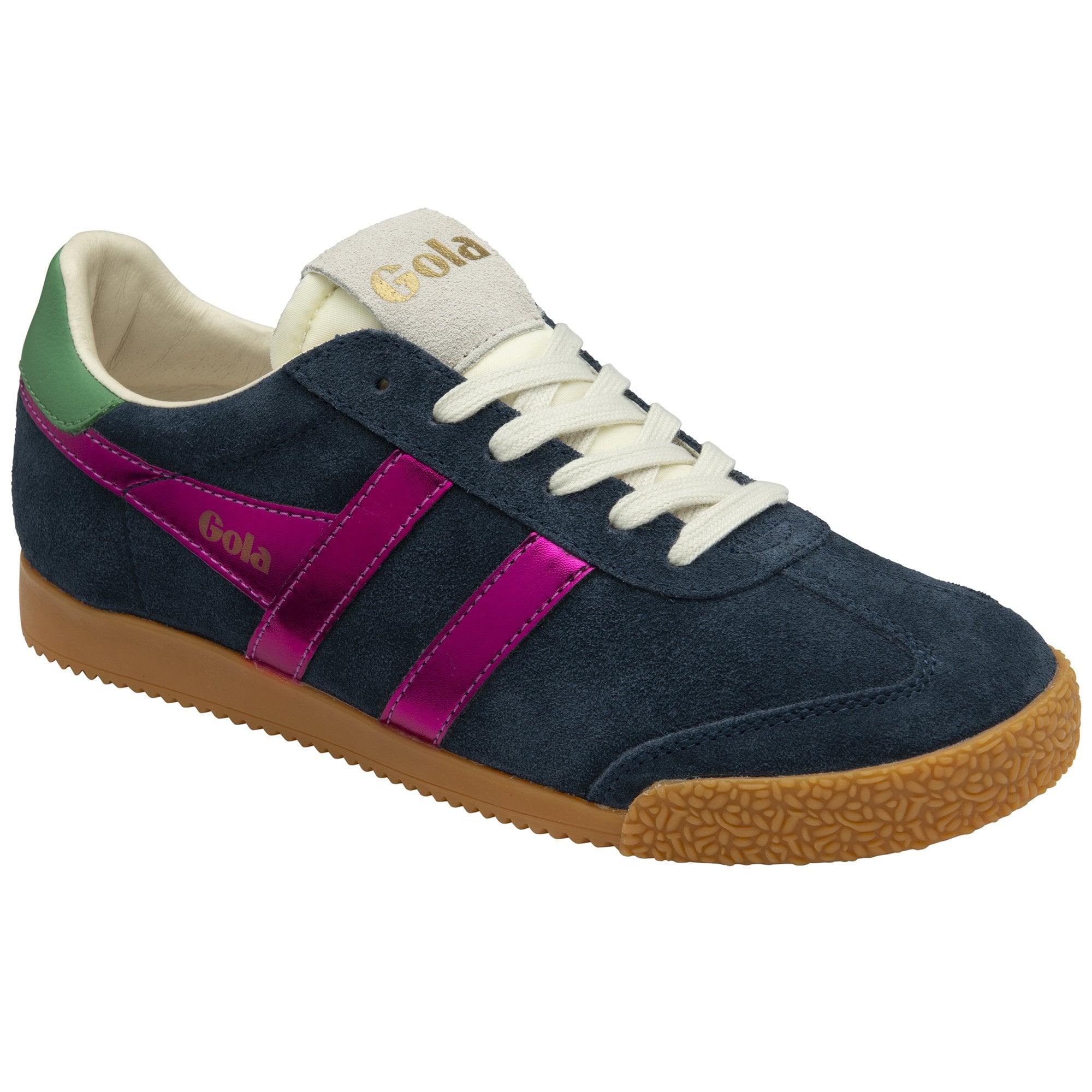 Gola Elan Glitz ladies' navy, fuchsia, emerald suede lace-up trainers with gum sole, stylish and comfortable.