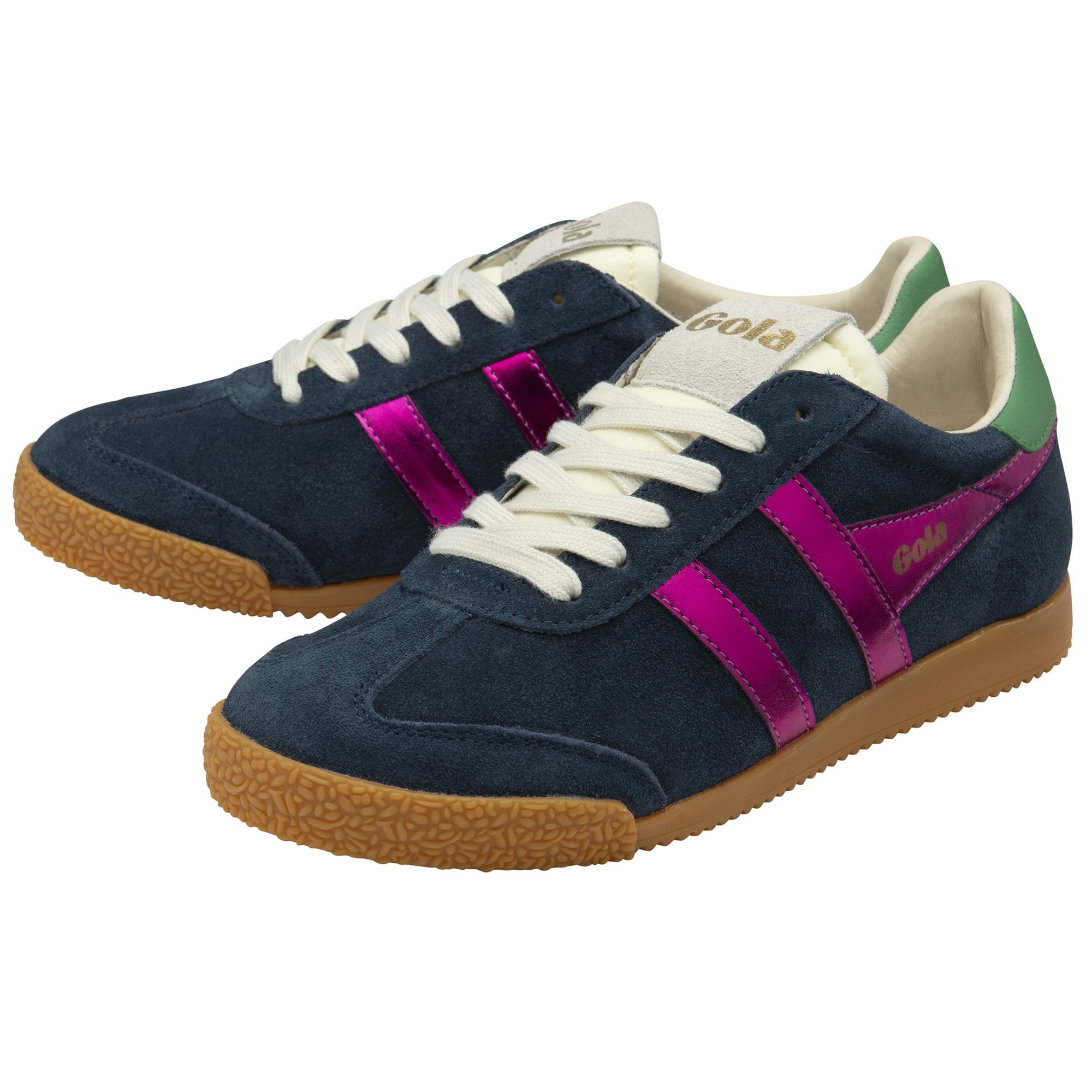 Gola Elan Glitz Ladies navy, fuchsia, and emerald suede lace-up trainers with gum sole.