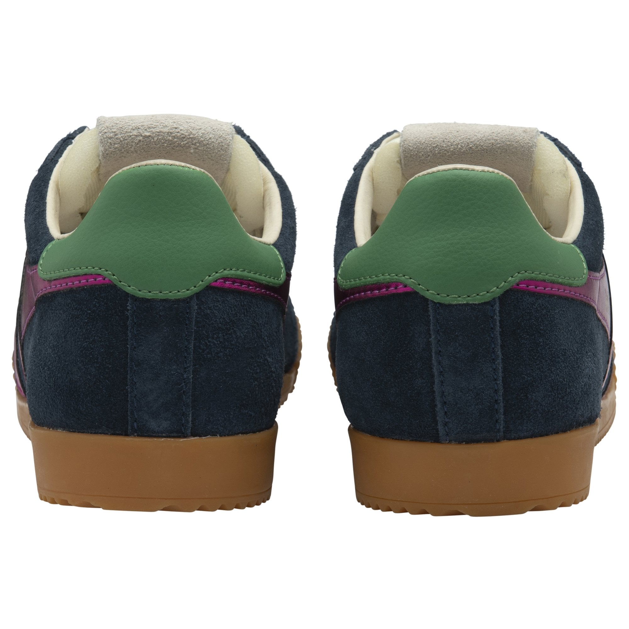 Gola Elan Glitz Ladies navy, fuchsia, emerald suede lace-up trainers with gum sole, stylish and colorful casual shoes.