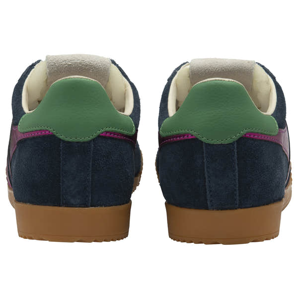 Gola Elan Glitz Ladies navy, fuchsia, emerald suede lace-up trainers with gum sole, stylish and colorful casual shoes.