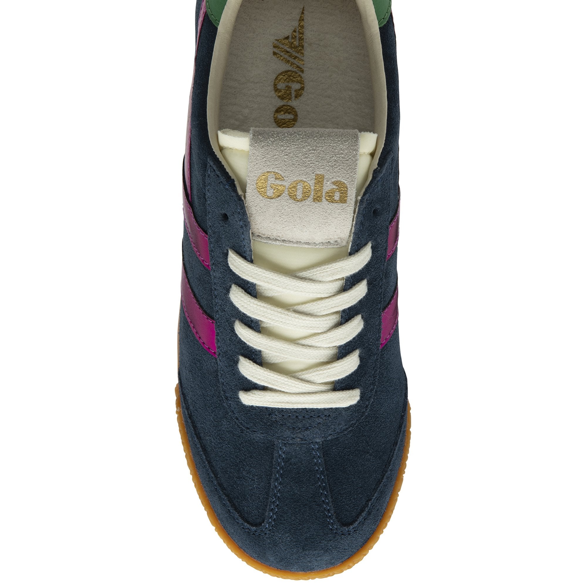 Gola Elan Glitz women's navy, fuchsia, and emerald suede lace-up trainers with gum sole, stylish and comfortable footwear.