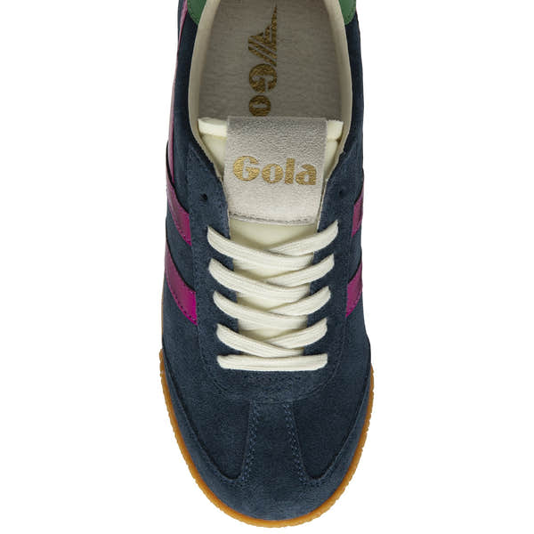 Gola Elan Glitz women's navy, fuchsia, and emerald suede lace-up trainers with gum sole, stylish and comfortable footwear.