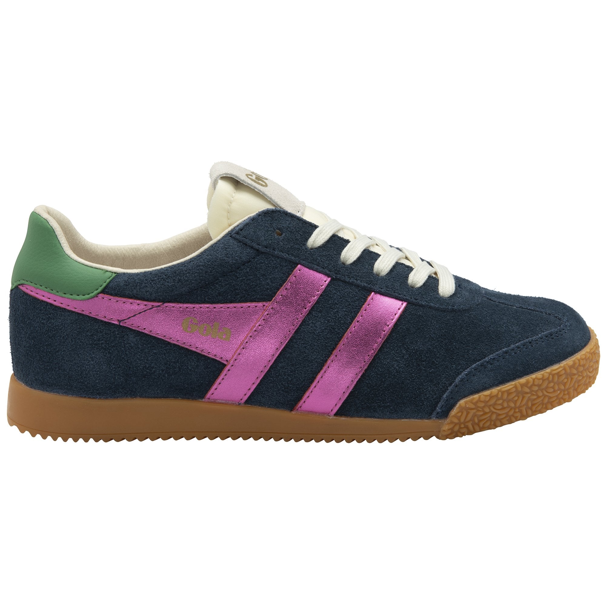 Gola Elan Glitz ladies' navy, fuchsia, and emerald suede lace-up trainers with gum sole.