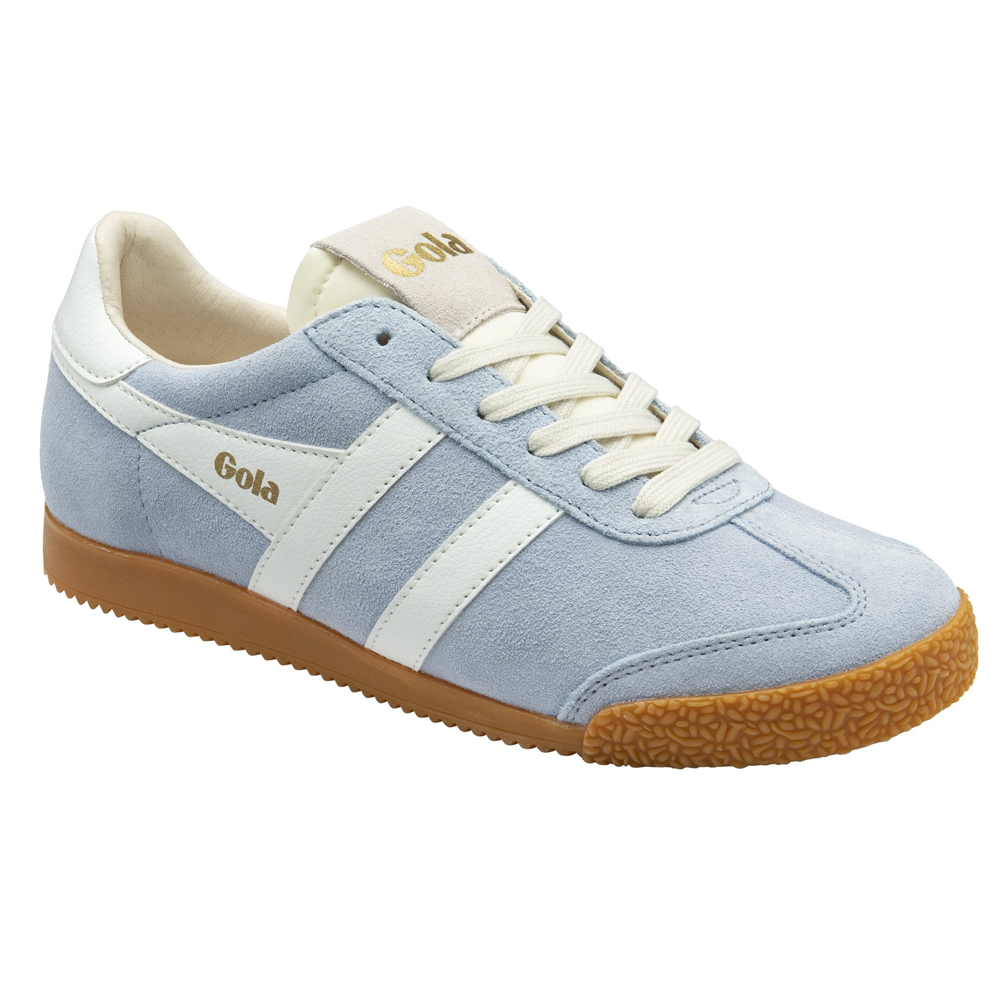 Gola Elan ladies white suede lace-up trainers with white stripes, tan rubber sole, and gold logo accents.