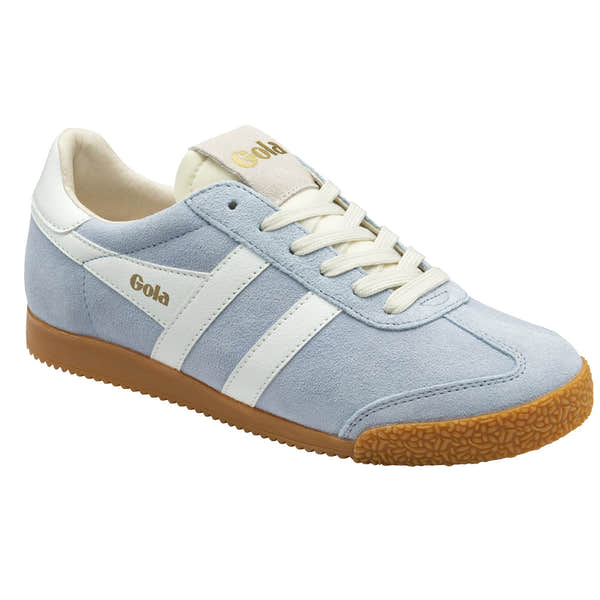 Gola Elan ladies white suede lace-up trainers with white stripes, tan rubber sole, and gold logo accents.