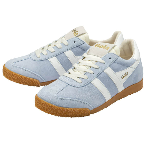 Gola Elan Ladies Air/White Suede Lace-Up Trainers with gum sole, white accents, and embroidered logo detail.