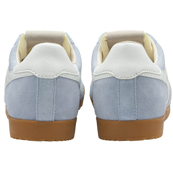 Gola Elan Ladies White and Light Blue Suede Lace-Up Trainers, back view with gum sole and padded collar.