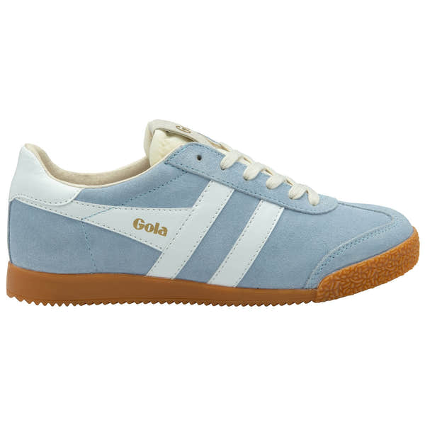 Gola Elan ladies air/white suede lace-up trainers with gum rubber sole and white Stripes, stylish athletic casual footwear.