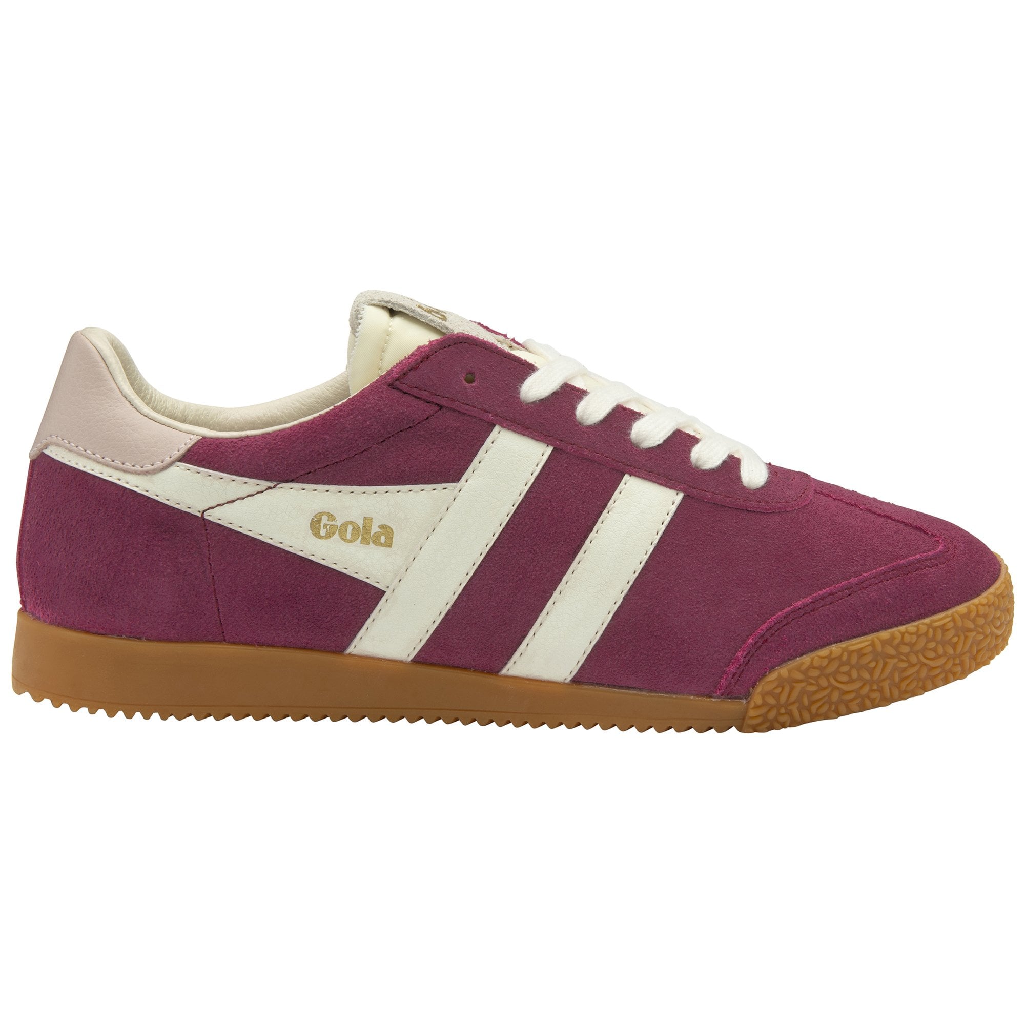 Gola Elan Ladies Cerise and Off White Suede Lace-Up Trainers with gum sole, pink and white color, casual athletic style.