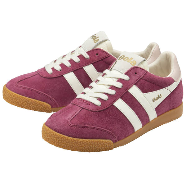 Gola Elan ladies suede trainers in cerise, off-white, and chalk pink with lace-up design and gum rubber soles.