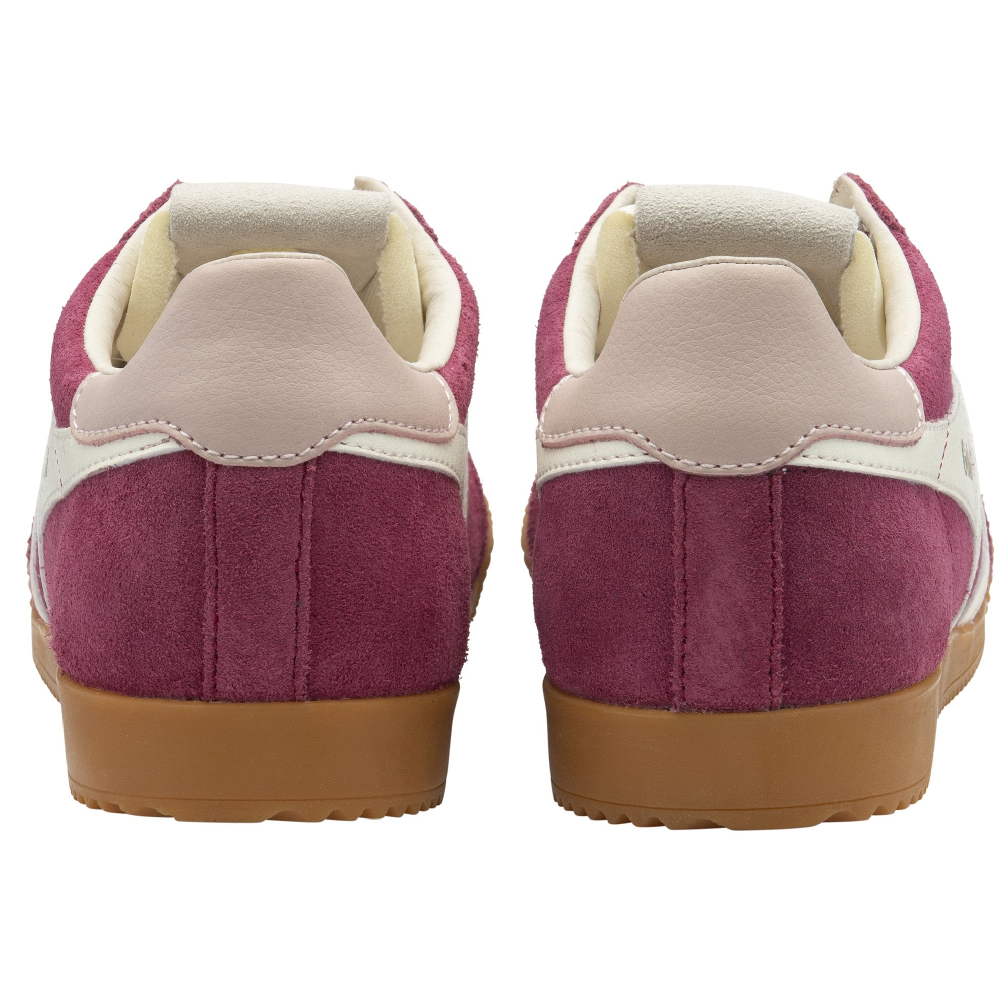 Gola Elan ladies suede lace-up trainers in cerise, off white, and chalk pink with gum outsole, stylish and comfortable footwear.