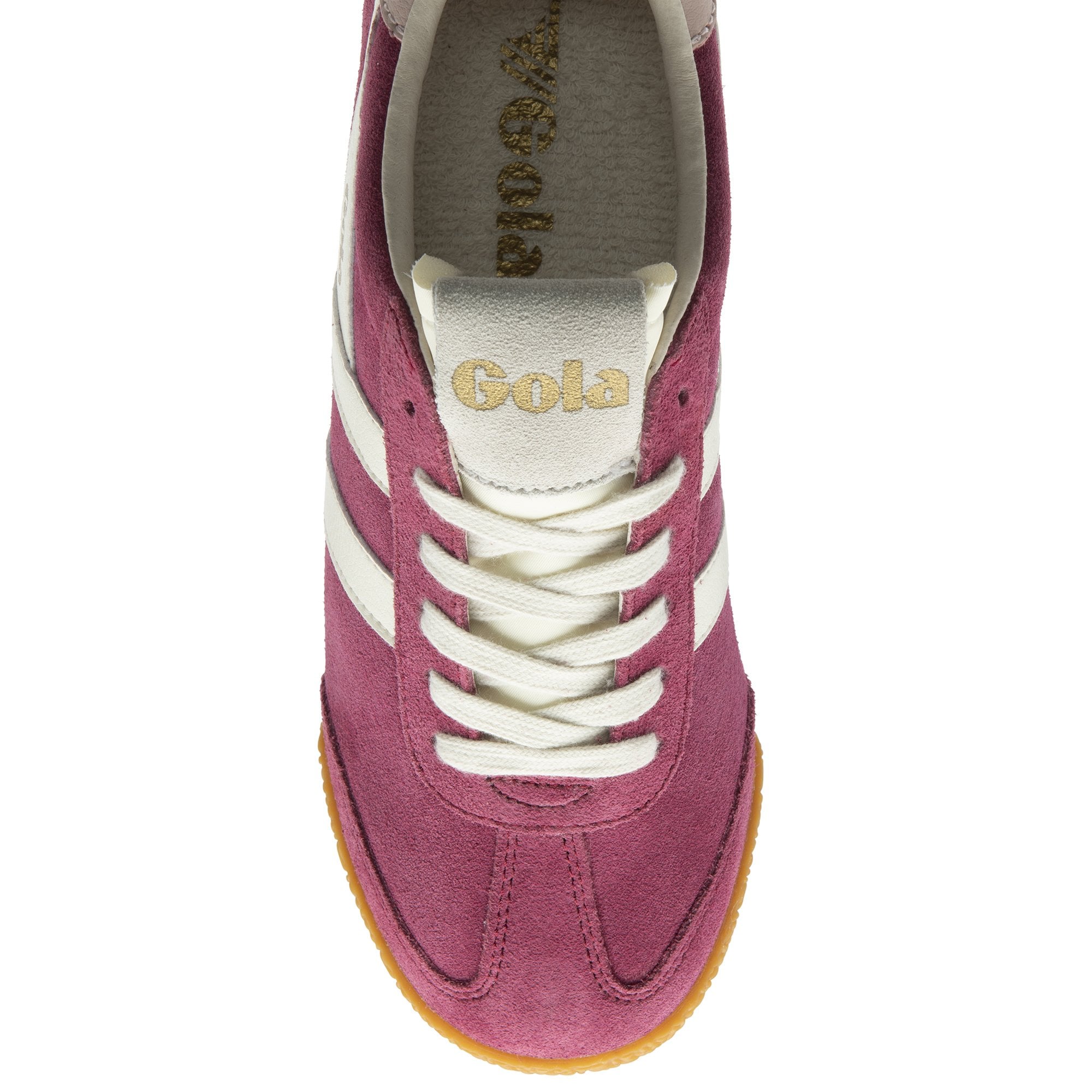 Gola Elan ladies suede lace-up trainers in cerise, off-white, and chalk pink with a gum sole, stylish and comfortable footwear.