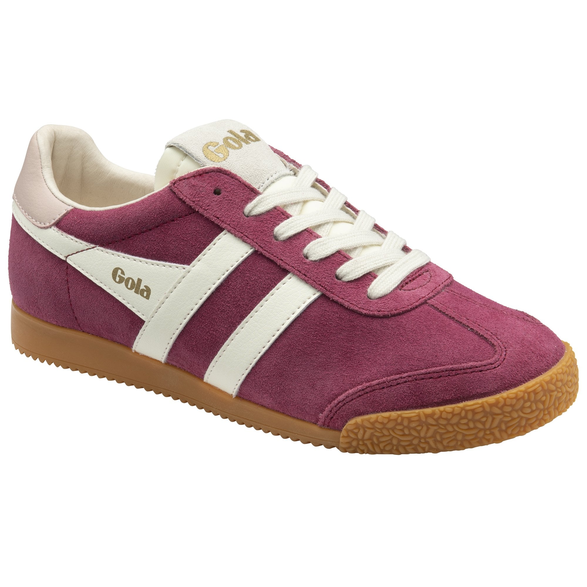 Gola Elan ladies suede lace-up trainers in cerise, off white, and chalk pink with gum sole, stylish athletic footwear for women.