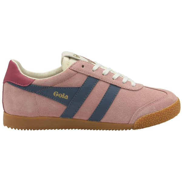 Gola Elan ladies coral pink, moonlight, and raspberry suede lace-up trainers with navy stripes and gum sole.