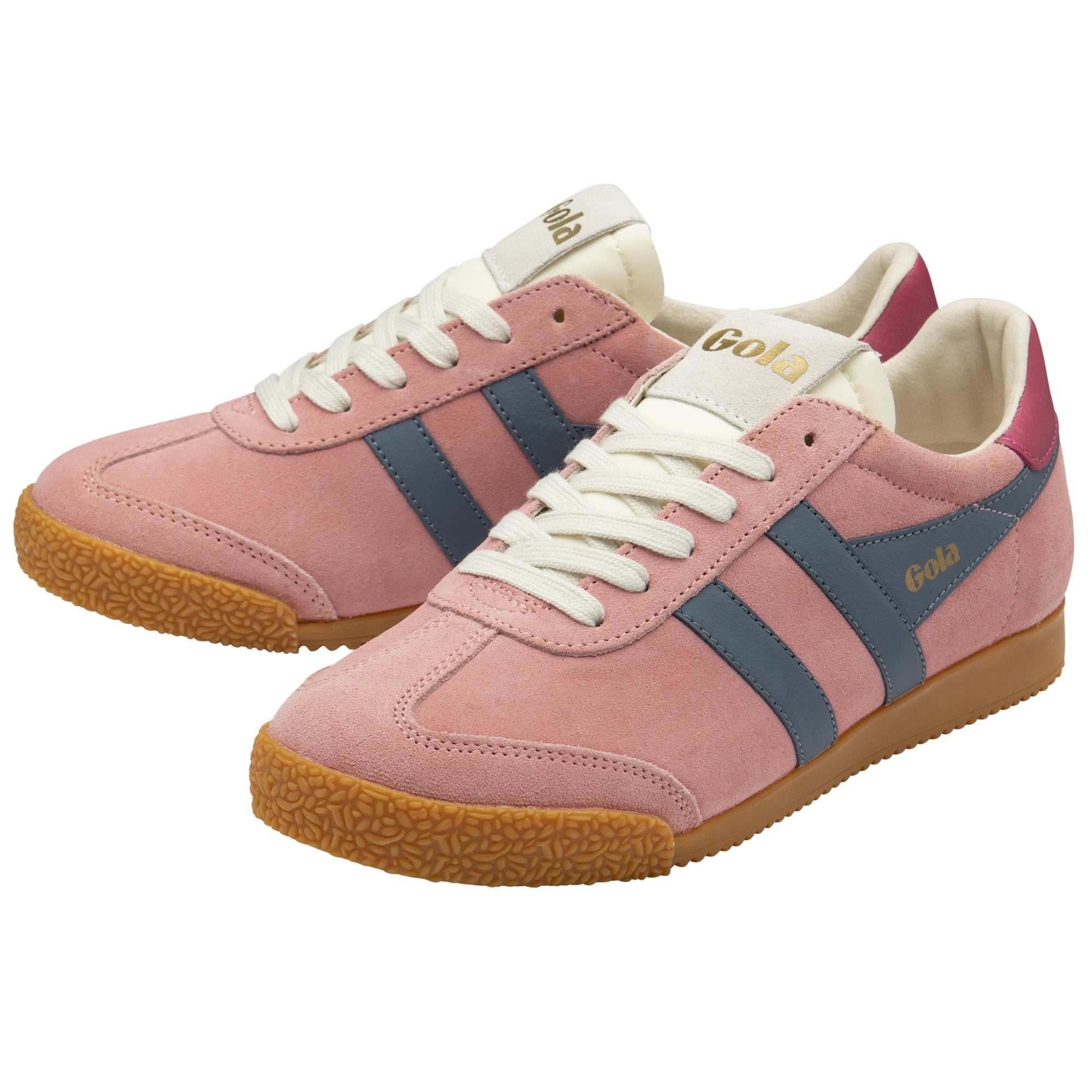 Gola Elan ladies suede trainers in coral pink, moonlight, and raspberry with navy accents and gum rubber soles.