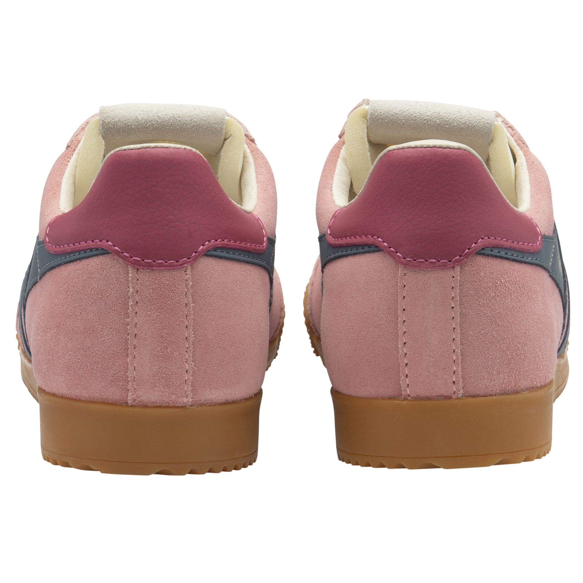 Gola Elan women's coral pink, moonlight, raspberry suede lace-up trainers, back view.