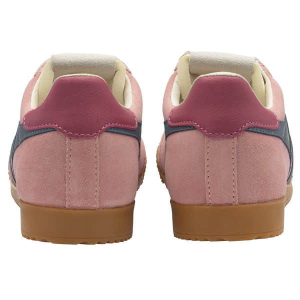 Gola Elan women's coral pink, moonlight, raspberry suede lace-up trainers, back view.