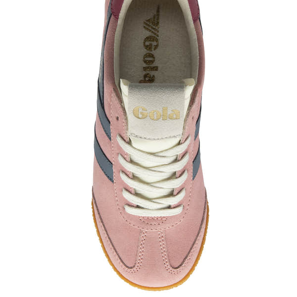 Gola Elan ladies suede trainers in coral pink, moonlight, and raspberry with lace-up design, cushioned interior, and sporty style.