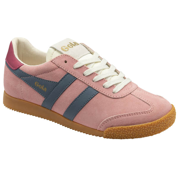 Gola Elan women's coral pink, moonlight, raspberry suede lace-up trainers with cream laces and gum sole.