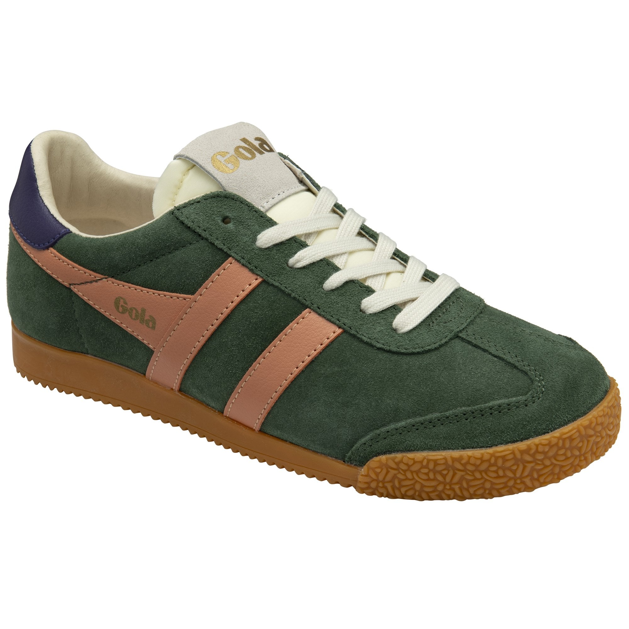 Gola Elan ladies suede lace-up trainers in evergreen, terracotta, and plum with gum sole and contrasting stripe details.