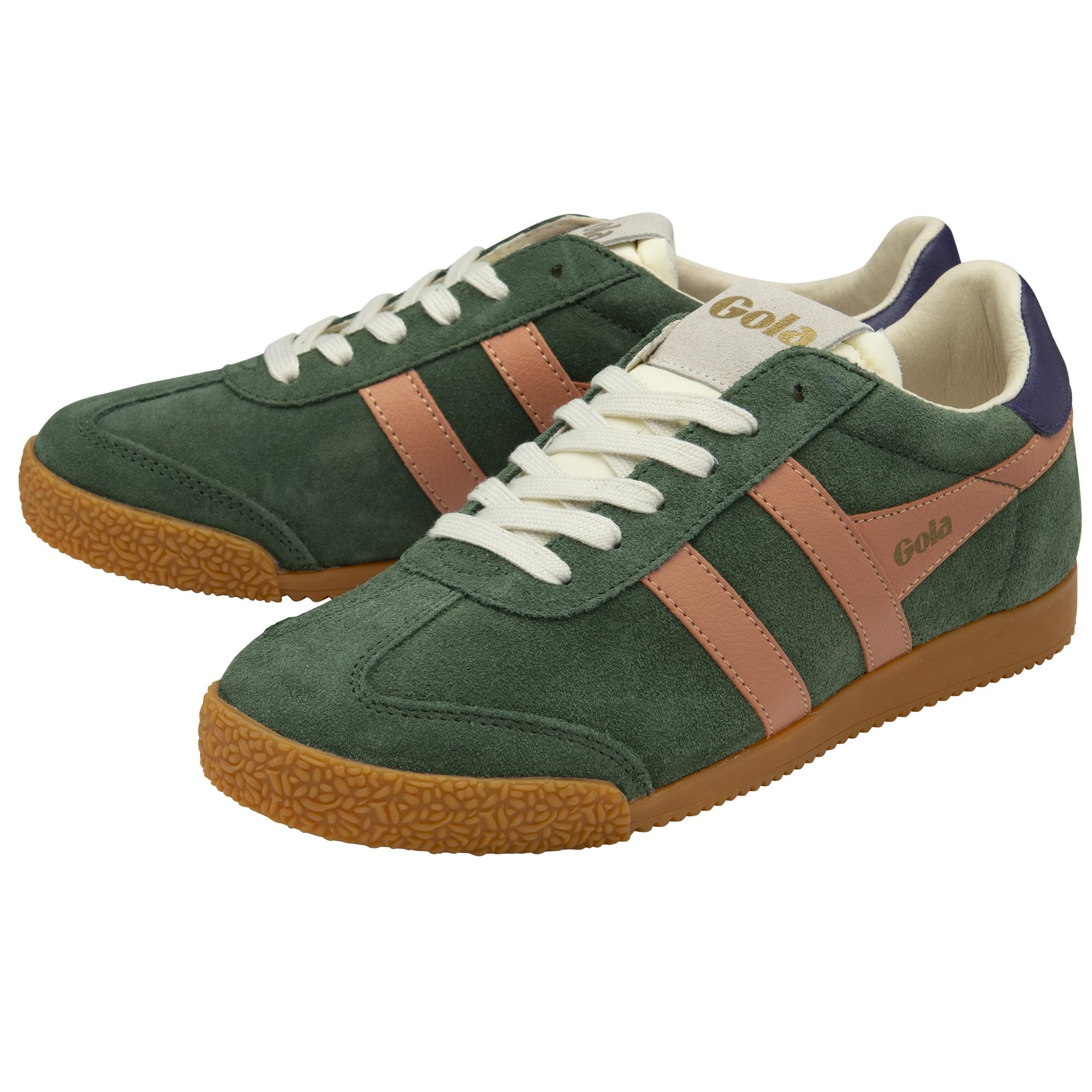 Gola Elan women's trainers in evergreen, terracotta, and plum suede with lace-up closure and gum sole.