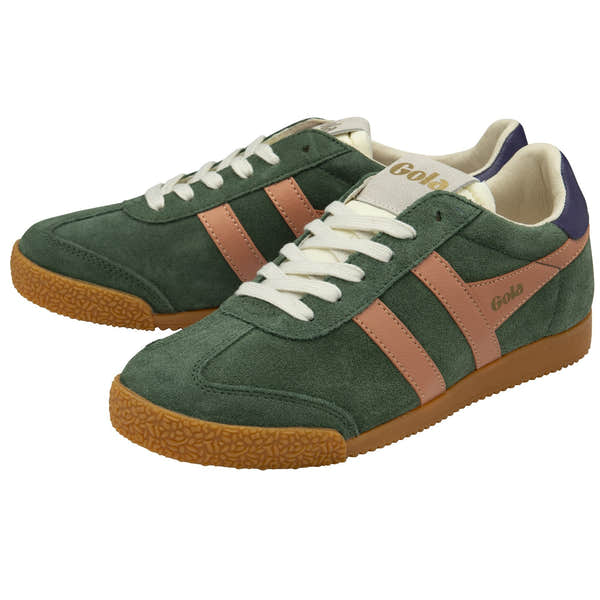 Gola Elan women's trainers in evergreen, terracotta, and plum suede with lace-up closure and gum sole.