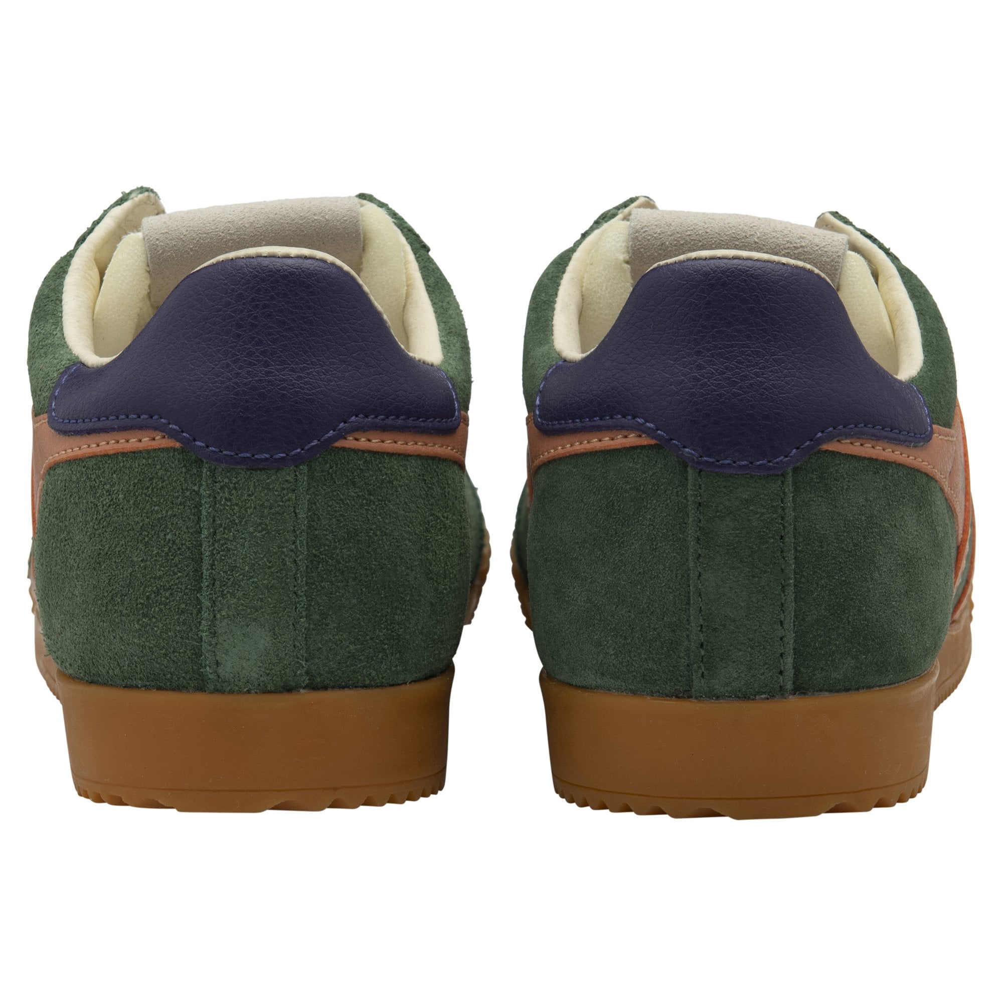 Gola Elan Ladies suede lace-up trainers in evergreen, terracotta, and plum with leather accents and rubber soles.
