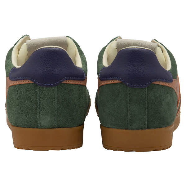 Gola Elan Ladies suede lace-up trainers in evergreen, terracotta, and plum with leather accents and rubber soles.