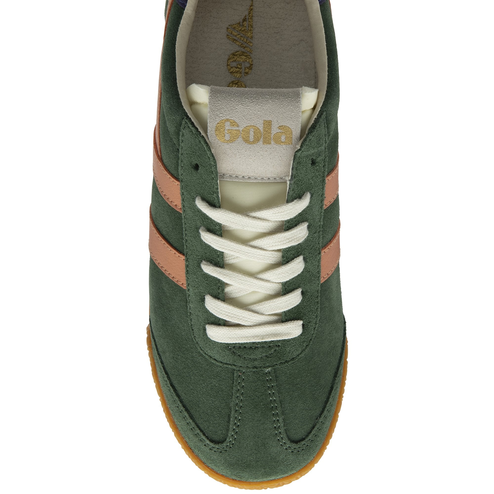 Gola Elan ladies suede lace-up trainers in evergreen, terracotta, and plum colors with white laces and gum sole.
