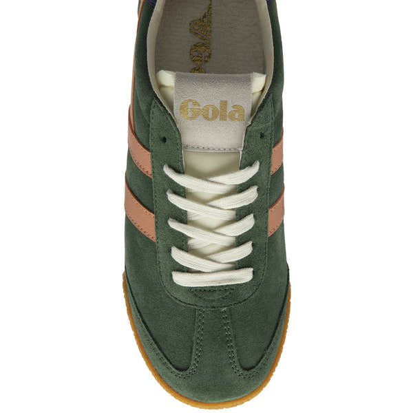 Gola Elan ladies suede lace-up trainers in evergreen, terracotta, and plum colors with white laces and gum sole.