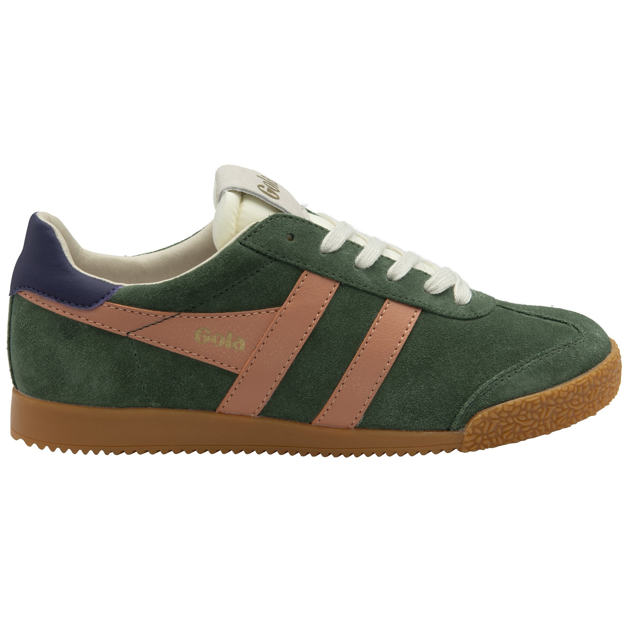 Gola Elan ladies suede lace-up trainers in evergreen, terracotta, and plum with gum sole and cushioned interior.