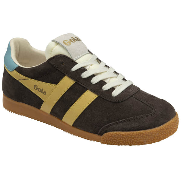 Gola Elan women's lace-up trainers in mocha, pollen, ocean suede with white laces and gum sole.