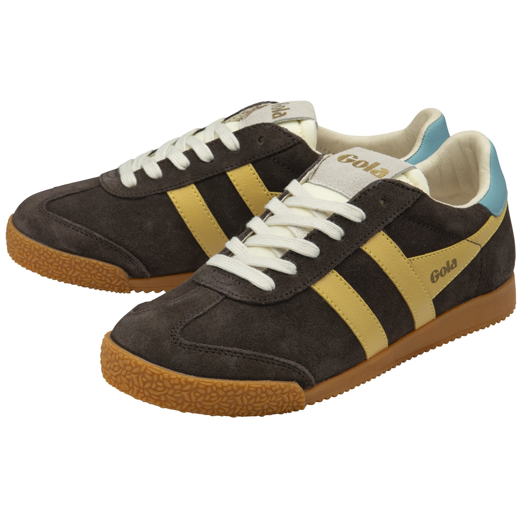 Gola Elan ladies suede lace-up trainers in mocha, pollen, and ocean colors with rubber soles.