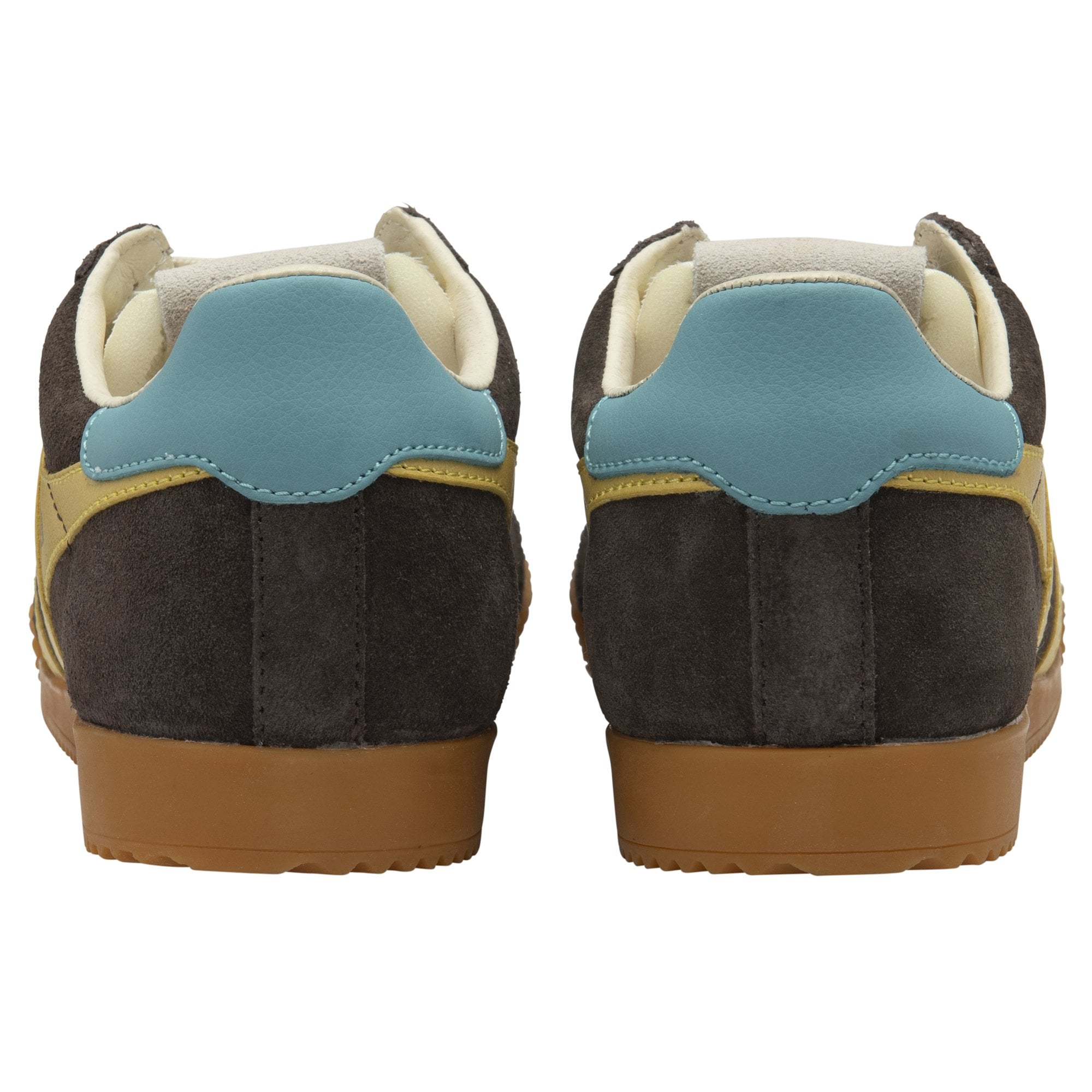 Gola Elan Ladies suede trainers in mocha, pollen, and ocean colors with lace-up design and gum sole.